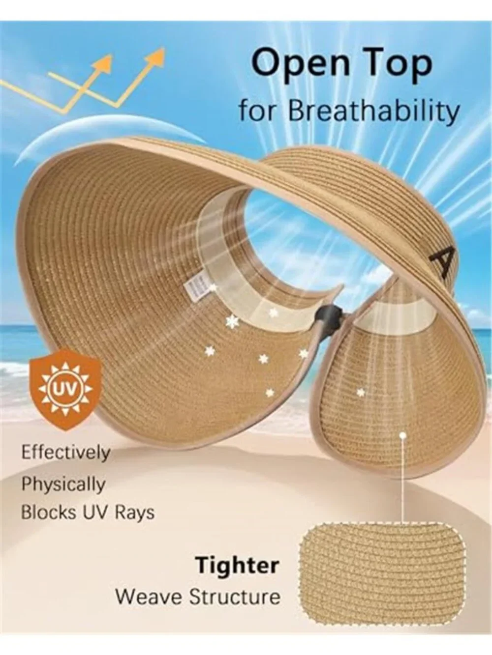 Beach Straw Sun Hat for Women Wide Brim UV Protection Visors Hat with Ponytail